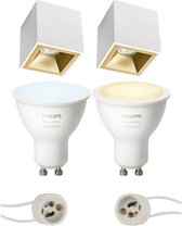 Proma Cliron Pro - Opbouw Vierkant - Mat Wit/Goud - Verdiept - 90mm - Philips Hue - Opbouwspot Set GU10 - White Ambiance - Bluetooth