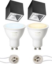 Prima Cliron Pro - Opbouw Vierkant - Mat Zwart/Zilver - Verdiept - 90mm - Philips Hue - Opbouwspot Set GU10 - White Ambiance - Bluetooth