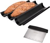 Navaris stokbrood bakvorm 3 rijen - Stokbroodvorm 38 x 28 x 4 cm - Broodbakvorm voor klassieke baguettes - Bakblik voor stokbroden met deegschraper