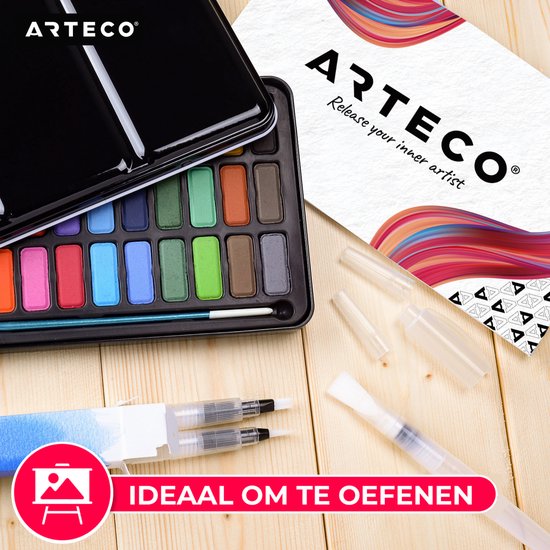 ARTECO® 36 Kleuren Aquarelverf Set – Inclusief 3 Water Brush Pennen en Aquarelpapier - Waterverf - Cadeau