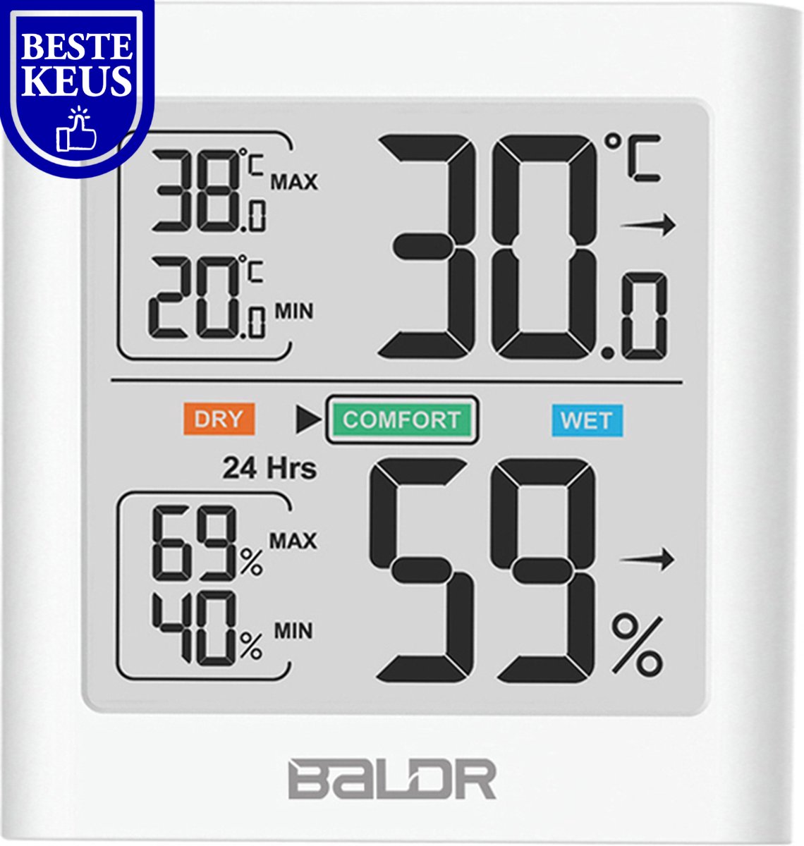 BALDR® Hygrometer - Thermometer - Luchtvochtigheidsmeter - Digitaal Weerstation - Voor binnen - Wit