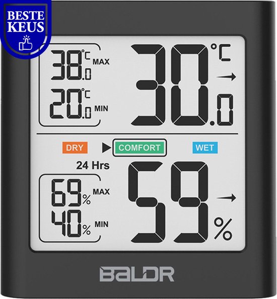 BALDR Station Météo Sans Fil, Thermomètre Hygromètre Numérique Intérieur et  Extérieur Avec Prévisions Météo, Affichage de l'heure, Réveil, Phase de