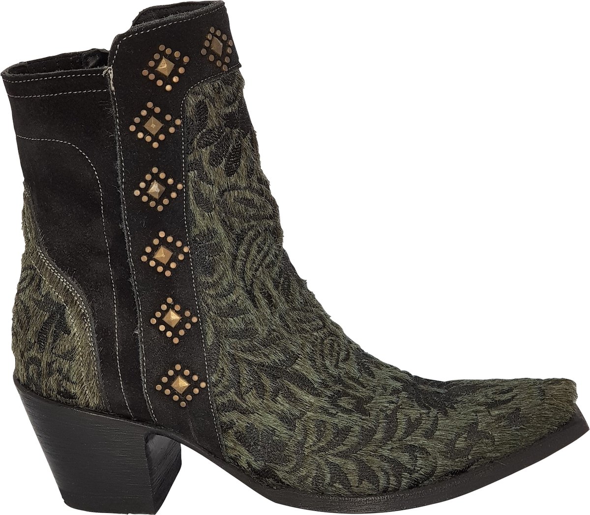 Cowboy laarzen dames Old Gringo Wink - echt leer met haartjes - groen/zwart - studs - spitse neus - maat 37