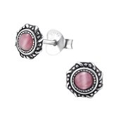 Aramat jewels ® - Zilveren oorbellen cats eye donker roze 925 zilver 6mm geoxideerd