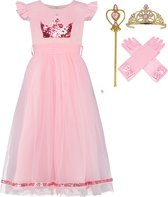 Prinsessenjurk Meisje - Verkleedkleding - Roze Jurk - maat 134/140  - met pailletten kroon - Feestjurk - Communiejurk -  Inclusief accessoires -