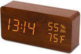 BOTC Digitale LED - wekker met houten design - Tijd / Temperatuur / Datum / Wekker - Geactiveerd door aanraking of geluid -  met USB-kabel - Bruin