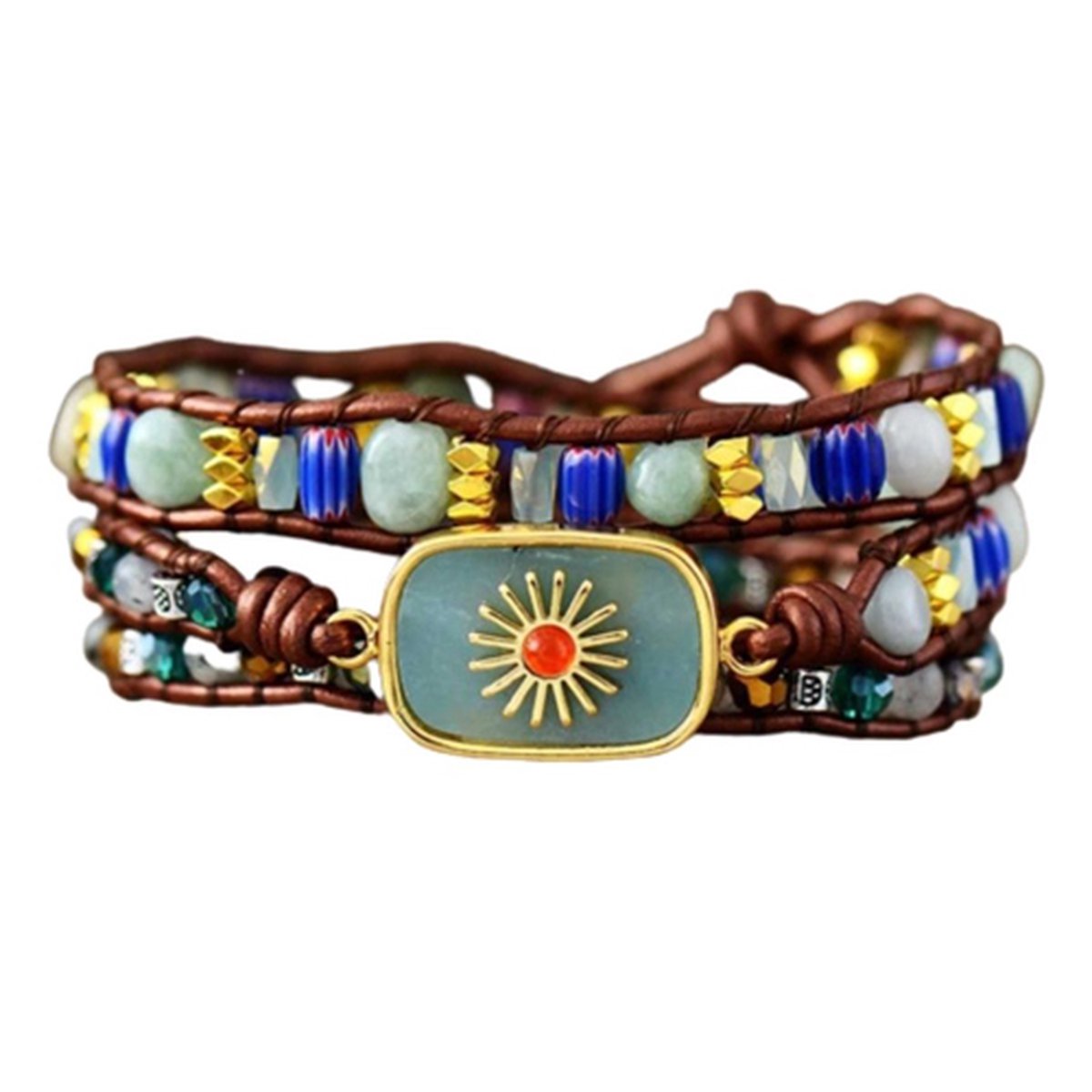 Marama - wikkelarmband Golden Sun Blauw - dames armband - labradorite - 50 cm - cadeautje voor haar