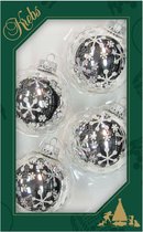 Zilveren Kerstballen 7 cm met zilveren en witte ijssterren - doosje van 4