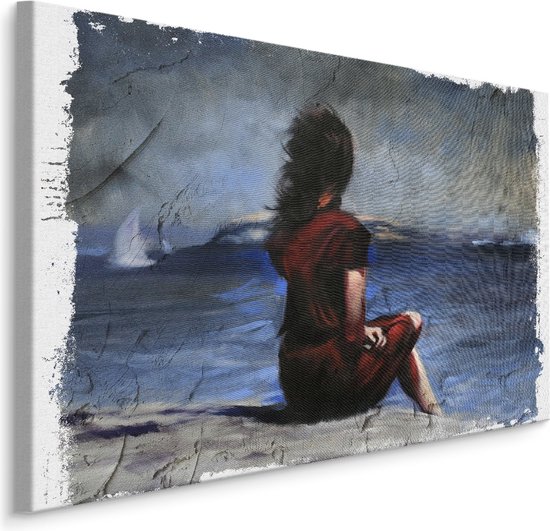 Schilderij - Vrouw in Rode Jurk op het Strand, Print op canvas