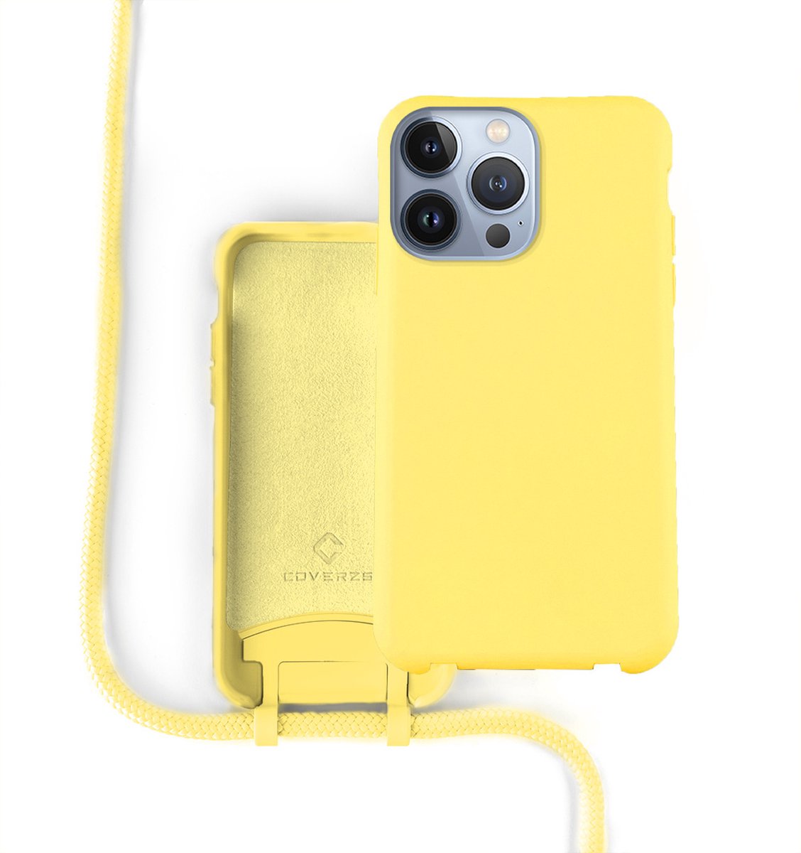 Coverzs Silicone case met koord - Telefoonhoesje met koord - Backcover hoesje met koord - touwtje - geschikt voor Apple iPhone 13 Pro Max - geel