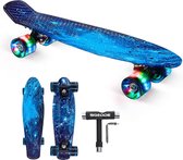 Skateboard - Complet Mini Cruiser retro skateboard - met 22 inch led Light up wheels - voor kinderen tieners volwassenen beginners - Blauw