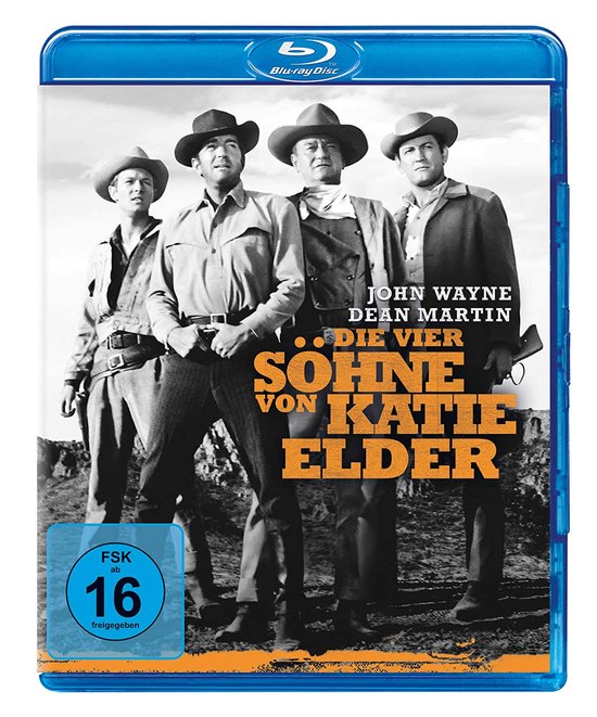 Voorzijde Blu-ray hoes van "Die vier Söhne von Katie Elder", met John Wayne en Dean Martin, en FSK 16-logo.