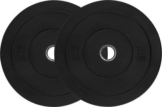 RYZOR Halterschijven set van 2 x 15 kg - Gewichtschijven - Bumper plates - Bankdrukken - Halterset – Halterschijf 15 kg - Gewichten set voor halterstangen - Geschikt voor Olympische halterstang met diameter 50 mm - Rubber - Zwart
