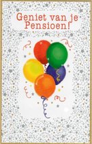 Geniet van je Pensioen! Een mooie wenskaart met gekleurde ballonnen en kleine sterren rondom. Een dubbele wenskaart inclusief envelop en in folie verpakt.
