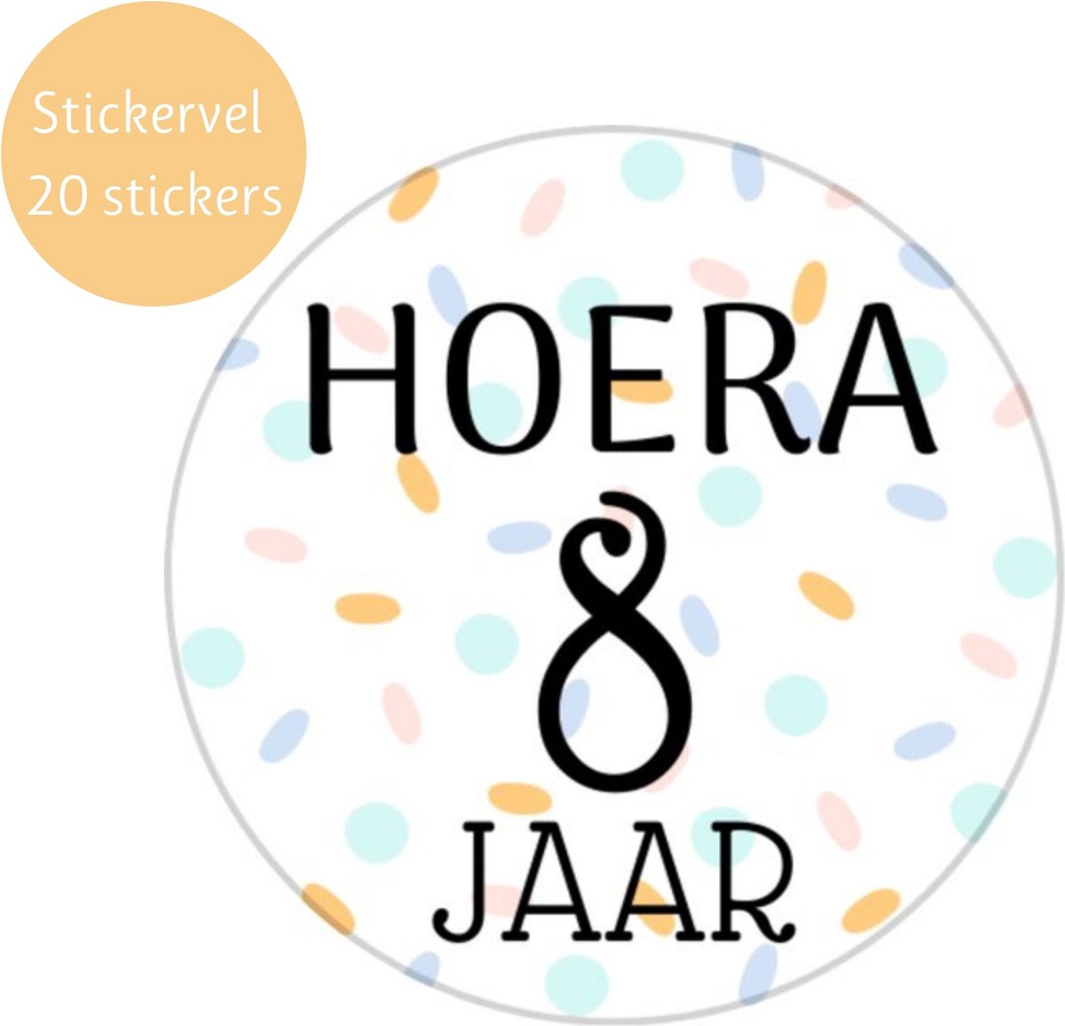 Traktatiestickers Hoera 8 Jaar - Stickervel - Cadeausticker - Wensetiket - Rond 40 mm - Sluitsticker - 20 stuks - Wit Pastel Groen Geel Roze Groen Blauw Paars Confetti - Sticker 8e Verjaardag - Kinder Traktatie - Basisschool Kinderfeestje Feest — afbeelding 3