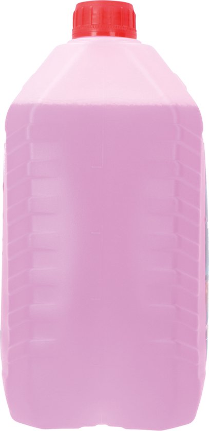 Liquide rose dans une bouteille de 5L avec bouchon rouge.