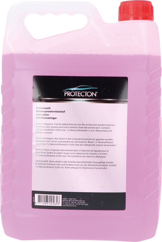 Arrière d'une grande bouteille en plastique de nettoyant de pare-brise Protecton, avec son étiquette contenant des informations sur le produit et un code-barres.