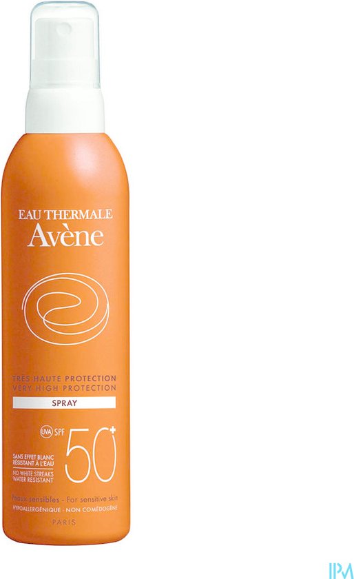 Oranje spuitbus Avène zonbescherming, SPF 50, 'VERY HIGH PROTECTION SPRAY', waterresistent.