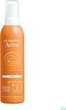 Oranje spuitbus Avène zonbescherming, SPF 50, 'VERY HIGH PROTECTION SPRAY', waterresistent.