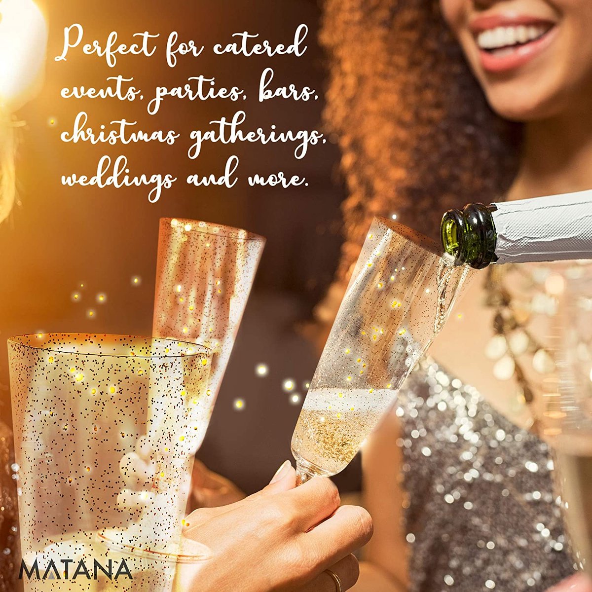 MATANA 50 Gold Glitter Goblet Plastic Wine Glasses for Weddings