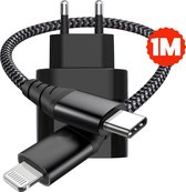 Premium iPhone USB-C Adapter Snellader met Sterke USB-C to Lightning Oplader Kabel - 1 Meter - Nylon Gevlochten - Power Delivery - Zwart