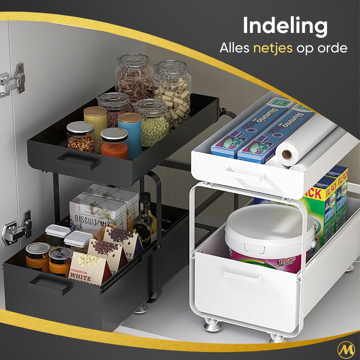 2-laags Keukenorganizer Onder De Gootsteen Met Schuifplank En Haken Multifunctionele Opbergoplossing In Zwart 2-laags Keukenorganizer Onder De Gootsteen Met Schuifplank En Haken Multifunctionele Opbergoplossing In Zwart