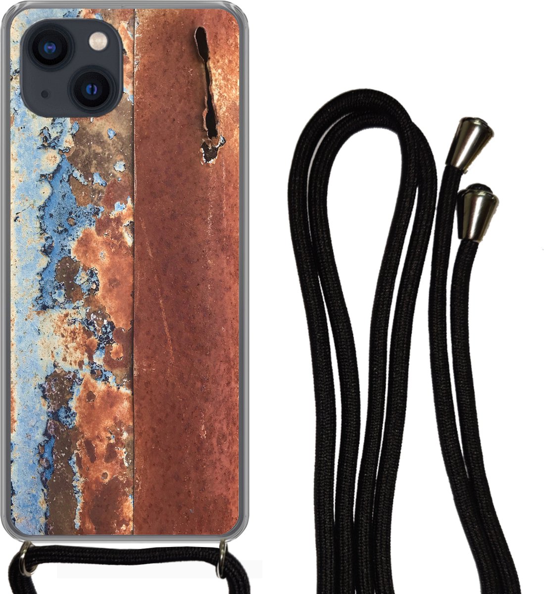 Telefoonkoord - Telefoonketting - Telefoonhoesje Geschikt voor iPhone 13 - Roest print - Blauw - Platen - Siliconen - Crossbody - Telefoonhoesje met koord Telefoonhoesje