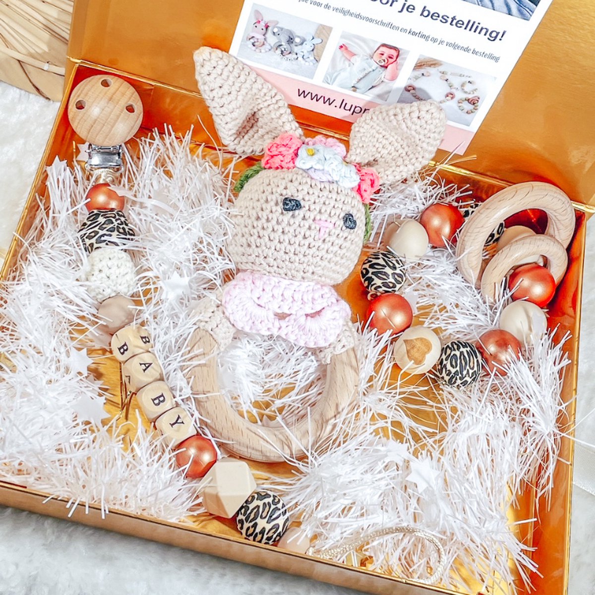 Goedkoopste Giftset - Kraamcadeau - Speenkoord - Bijtring - Rammelaar - Konijn - Brons - Luipaard