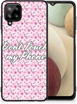 Hoesje met Tekst Samsung Galaxy A12 Back Cover Siliconen Hoesje met Zwarte rand Flowers Pink Don't Touch My Phone