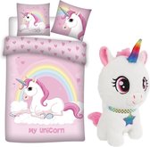 Dekbedovertrek Unicorn- Flanel- 1 persoons- 140x200- dubbelzijdig- roze- wit, incl. pluche Unicorn knuffel 33 cm