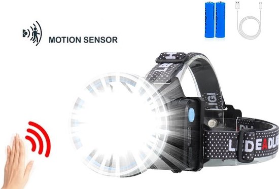 XXL Ultrakrachtige LED Hoofdlamp Schijnwerper met Aan/Uit-sensor | Zware Bouwlamp | Grote Pasvorm | 800 Meter Bereik | Waterbestendig | USB-Oplaadbaar INCLUSIEF Hardcase Opbergtas