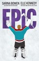 Boekcover 'Epic' met een ijshockeydoelman in een turkoois-rode outfit, armen omhoog, met een stick.