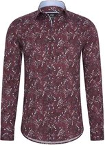 Heren overhemd Lange mouwen - MarshallDenim - bloemenprint bordeaux rood - Slim fit met stretch - maat L