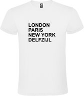 Wit t-shirt met " London, Paris , New York, Delfzijl " print Zwart size S