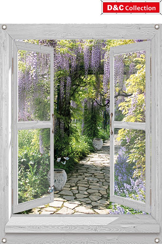 Gards Tuinposter Doorkijk Bruin Paard in de Wei - 150x100 cm - Tuindoek