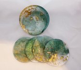 4 onderzetters met houder - Voor glazen - Groen met gouden vlokken - Epoxy