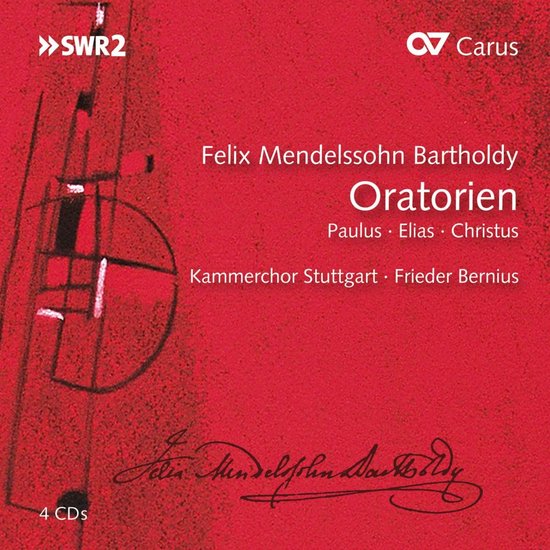 Rood album met 'Felix Mendelssohn Bartholdy Oratorien Paulus Elias Christus' en de tekst '4 CD's'.