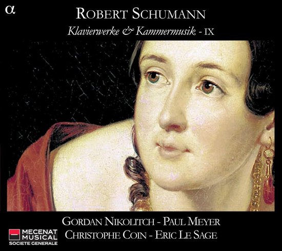 Portret van een vrouw met bruin haar en bruine ogen, draagt een rode sjaal, "Robert Schumann Klavierwerke & Kammermusik - IX" tekst.