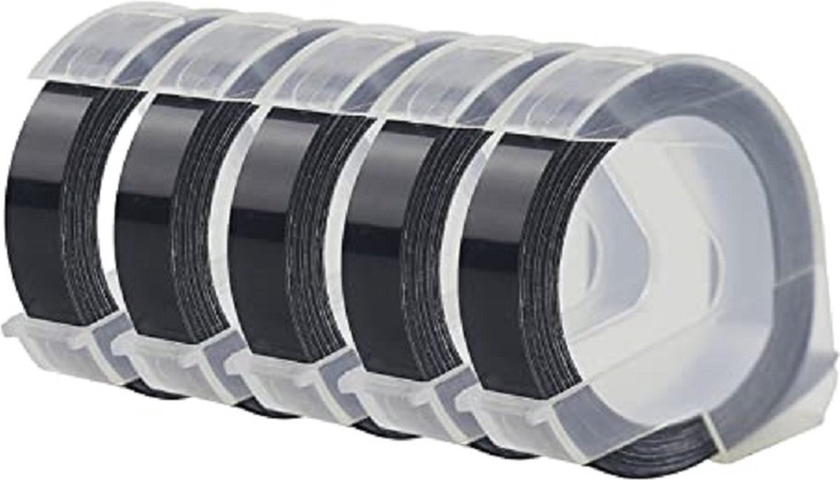 DAPPAZ - 3D Label Tape 5 stuks Compatible voor Dymo Labelprinter S0898130 Reliëftape 9 mm Wit op Zwart voor Dymo Lettertangen - Labelprinterrol