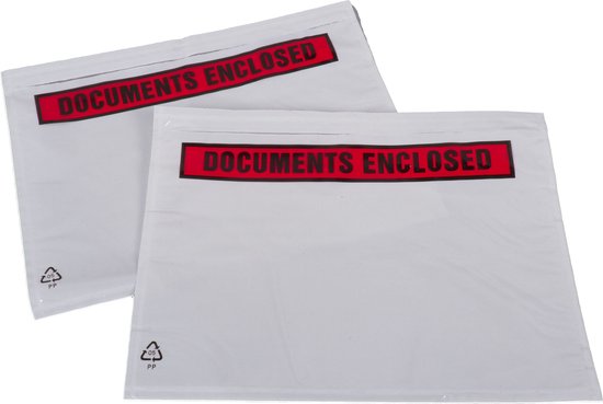 Kortpack - Paklijstenveloppen 225mm lang x 165mm breed - Met Opdruk: Documents Enclosed - A5 Formaat - Zelfklevend - 1000 Stuks - Doculops - Packing List - (015.0135)