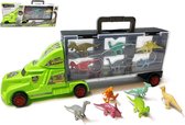 Dinosaurus vrachtwagen transporter truck - 12 in 1 Dino speelfiguren set koffer - Oplegger - 38.5cm