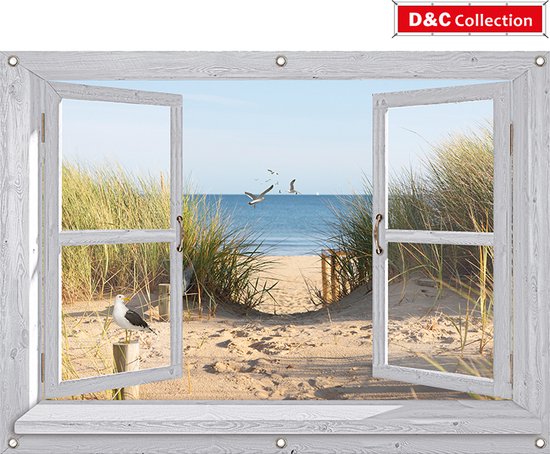 D&C Collection - tuinposter - 130x95 cm - doorkijk - Wit venster - luxe uitvoering - Hollands strand met duinovergang en meeuwen - tuindoek - tuin decoratie - tuinposters buiten - schuttingposter