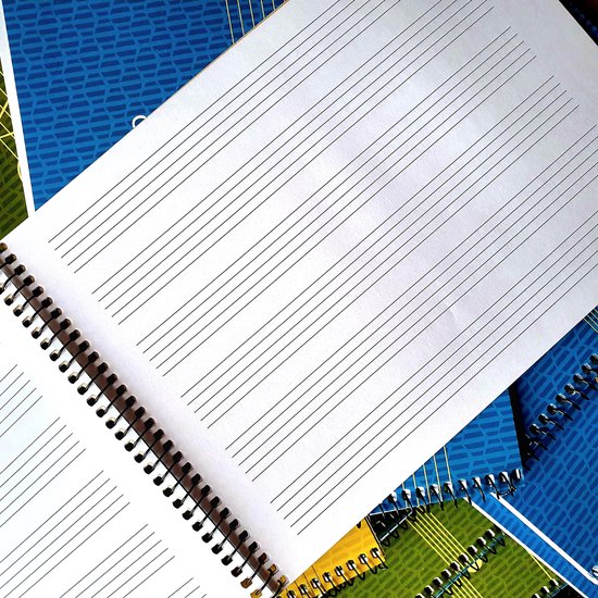 Een open spiraalgebonden muziekblok met blanco notenbalken op wit papier. De kaft heeft een blauw geometrisch patroon.