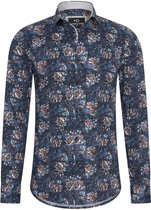 Heren overhemd Lange mouwen - MarshallDenim - bloemenprint donker blauw en bruin - Slim fit met stretch - maat L