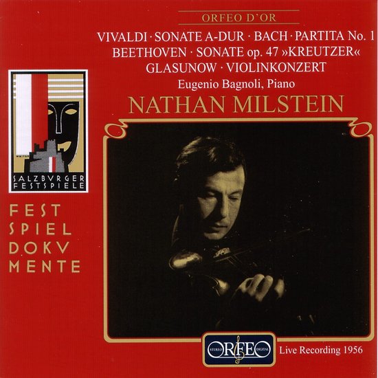 Booklet met Nathan Milstein die viool speelt, met de tekst 'Vivaldi sonate A-dur, Bach Partita No. 1, Beethoven sonate op. 47 Kreutzer, Glasunow Violinkonzert'.
