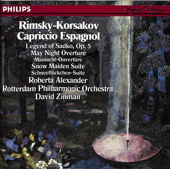 CD-hoes met de titel "Capriccio Espagnol" van Rimsky-Korsakov, sopraan Roberta Alexander en het Rotterdam Philharmonic Orchestra o.l.v. David Zinman. Abstracte, sfeervolle illustratie.
