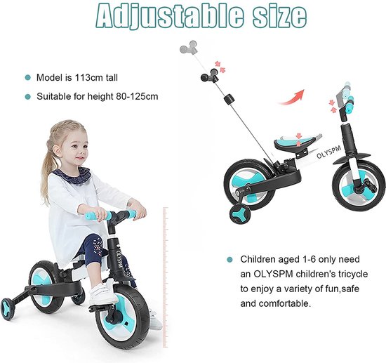 OLYSPM 5 en 1 Vélo Draisienne Tricycle Enfant Tricycle pour Bébé 1.5-5