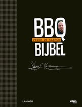 Boek "BBQ Bijbel" van Peter De Clercq met zijn foto en handtekening op een zwarte achtergrond met ruitpatroon.