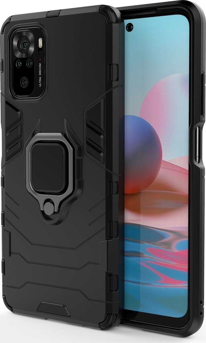 Mobigear Hoesje geschikt voor Xiaomi Redmi Note 10S Telefoonhoesje Hardcase | Mobigear Armor Ring Backcover Shockproof met Ringhouder | Schokbestendig Redmi Note 10S Telefoonhoesje | Anti Shock Proof - Zwart