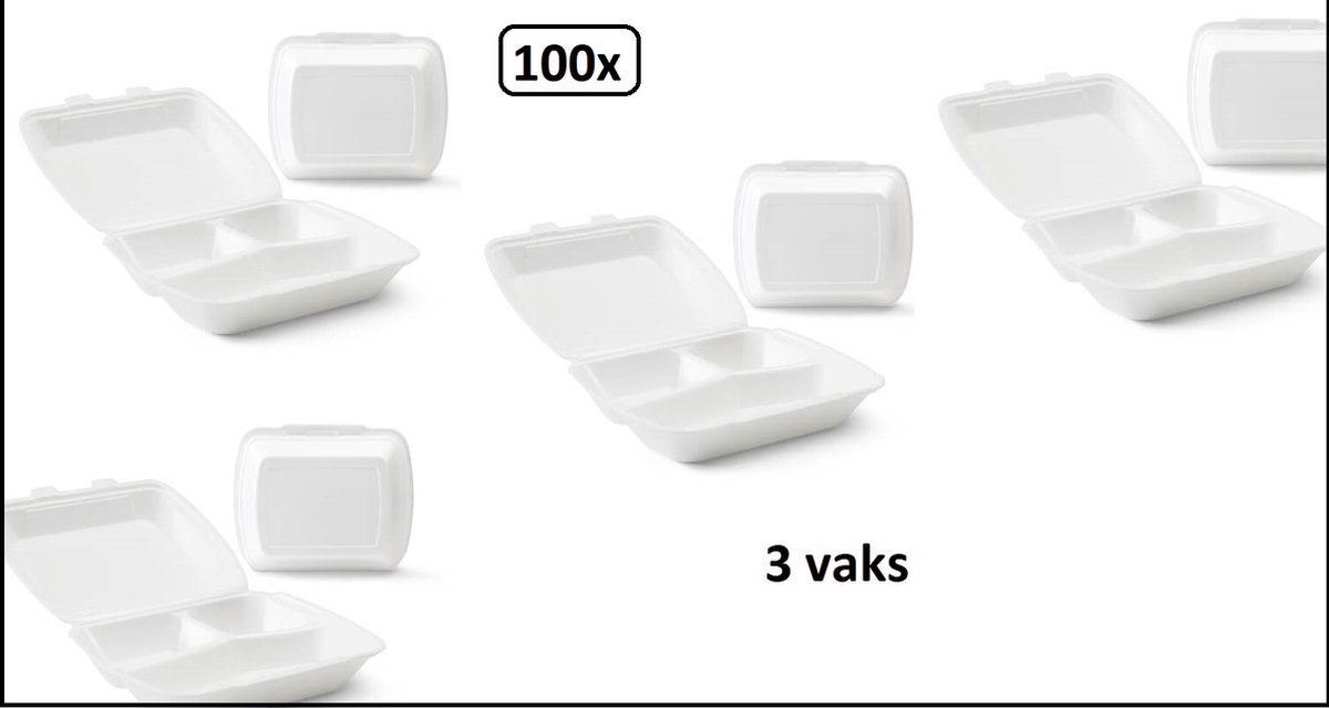 100x Menu box 3 vaks wit - maaltijd eten food bak vakken menu afhaal menubox foam